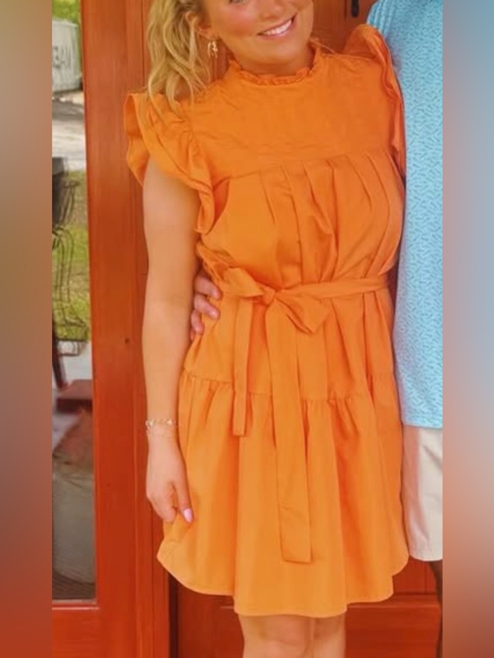 Women's Orange Ruffled Tie-Waist Dress